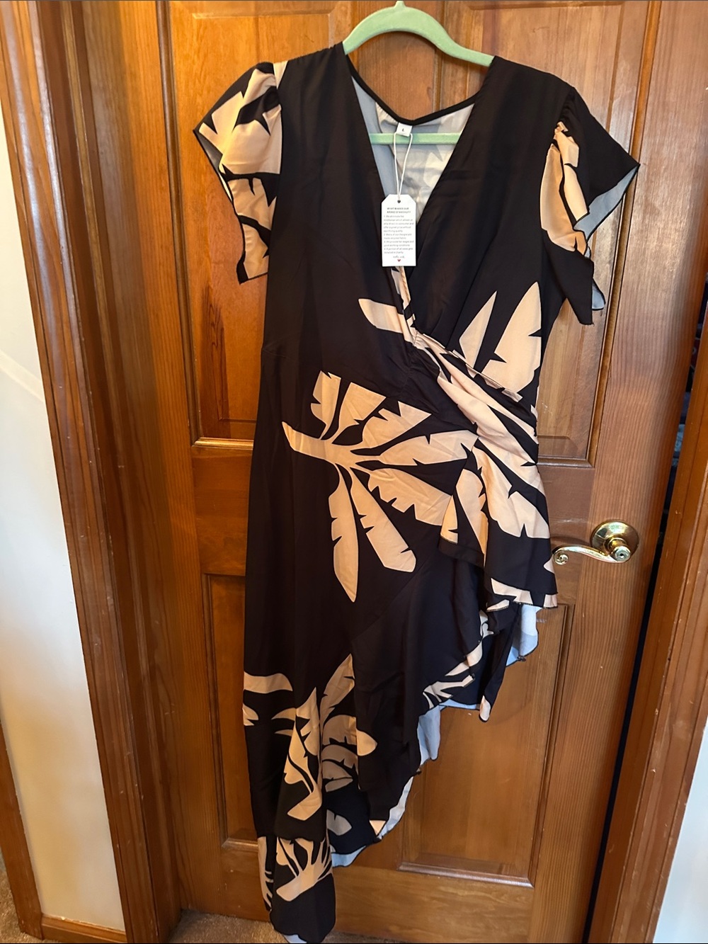 Black & Beige Tropical Wrap Midi Dress - Brand Not Visible